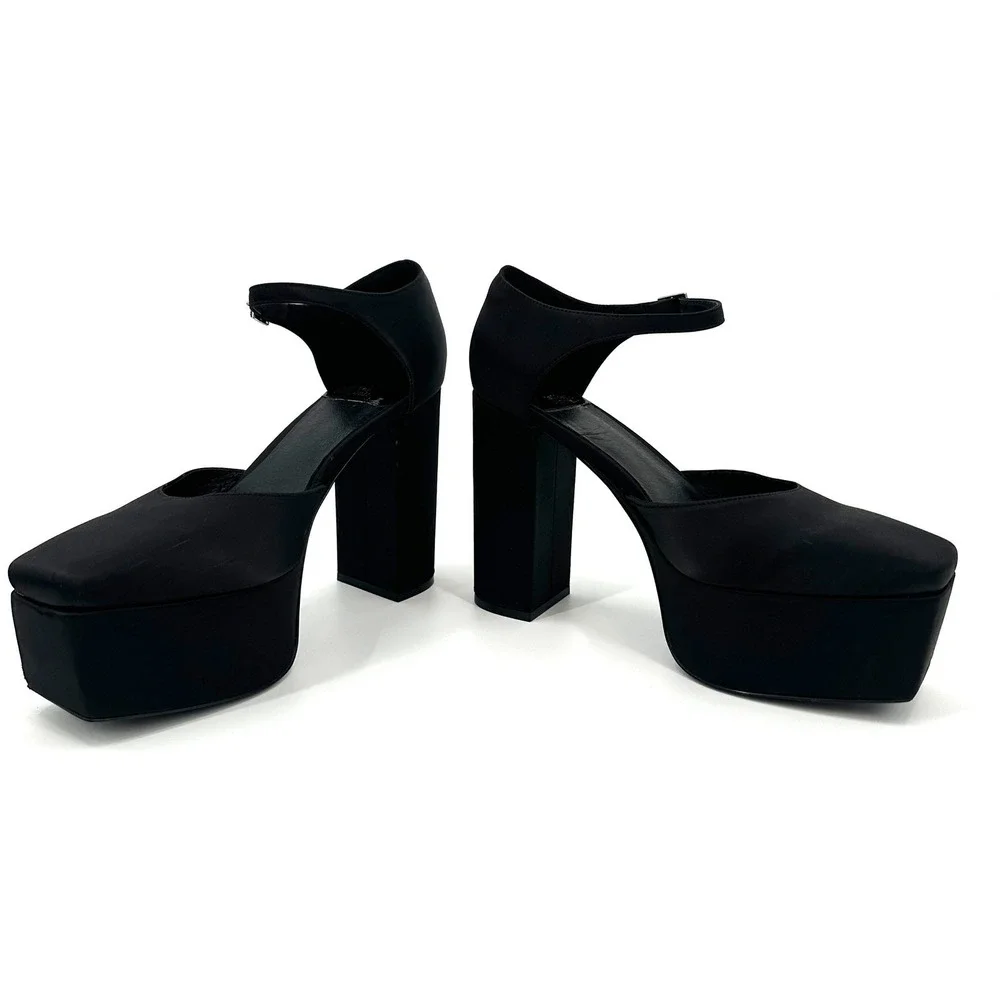 Jeffrey Campbell Over‎ N Out Black Satin Mary Jane Platform Heels Square Toe 9
